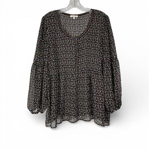 Max Studio Top Women’s XL Cherry Print Bubble Sleeve Lightweight Sheer Peasant